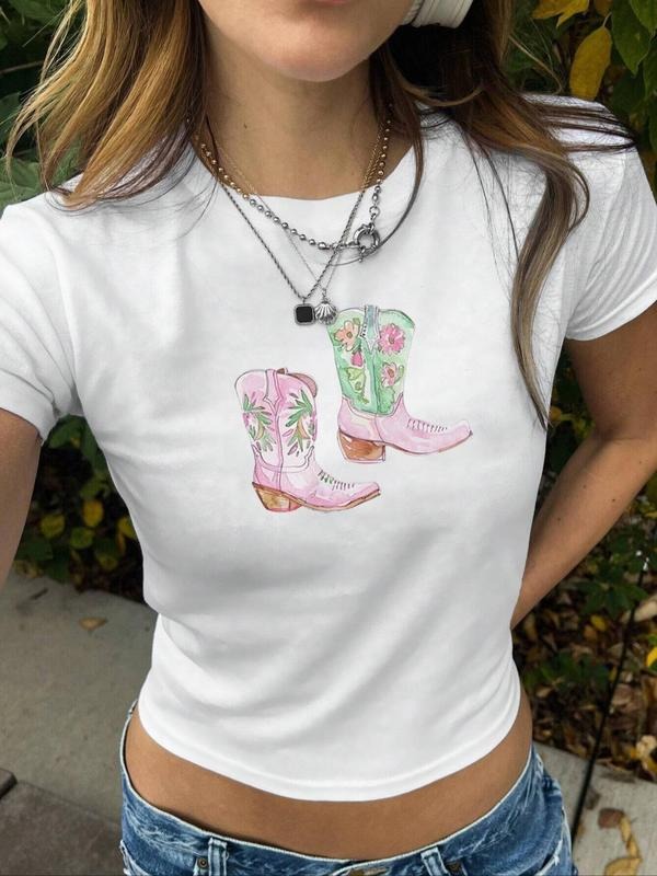 Women's Cartoon Shoes & Floral Print Round Neck Tee, Fashion Casual Crew Neck T-shirt for Daily Holiday Vacation Outdoor...