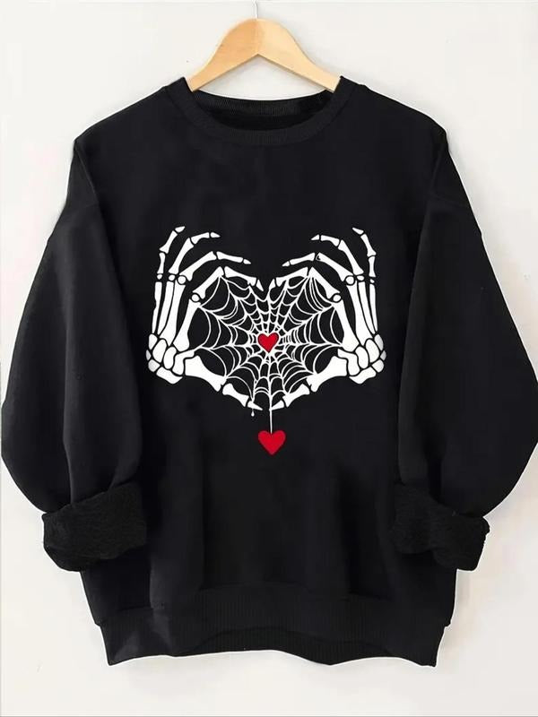 Women's Cartoon Skeleton & Heart Print Drop Shoulder Thermal Lined Sweatshirt, Casual Long Sleeve Round Neck Pullover for...