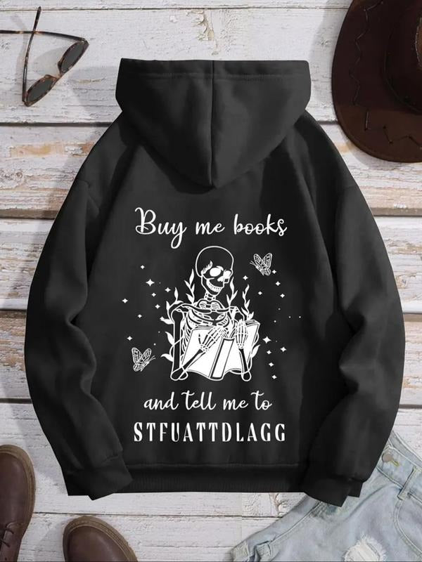 Women's Cartoon Skeleton & Letter Print Drop Shoulder Long Sleeve Hoodie, Fashion Casual Drawstring Pocket Hooded...