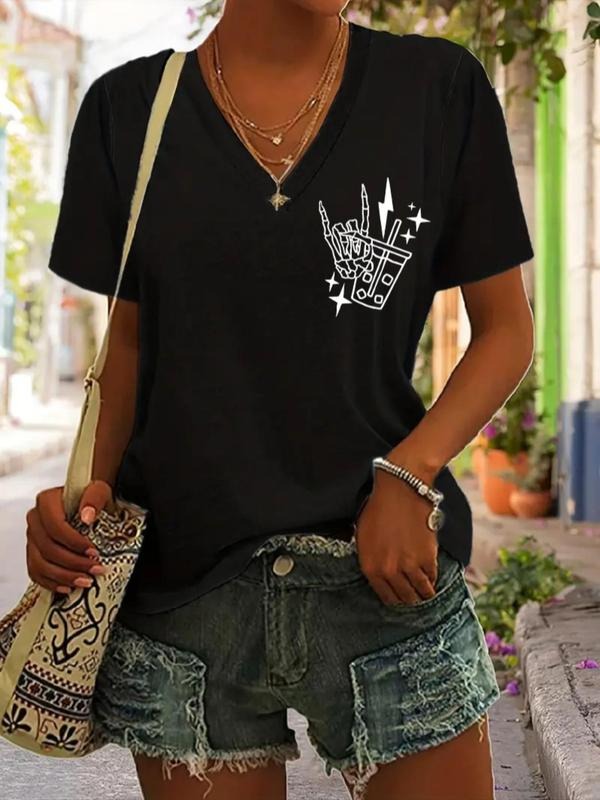Women's Cartoon Skull & Letter Print V Neck Vintage Graphic Tee, Summer Clothes Women, Casual Short Sleeve Black T-Shirt...