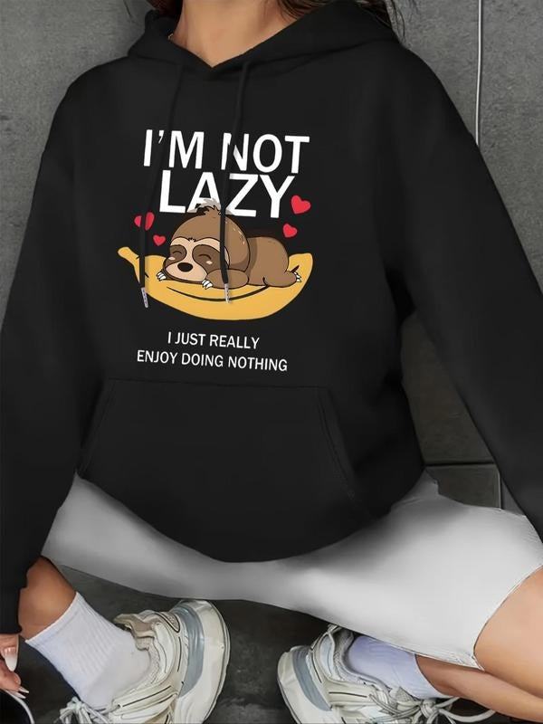 Women's Cartoon Sloth & Letter Print Drop Shoulder Hoodie, Fashion Casual Drawstring Pocket Hooded Sweatshirt for Daily...