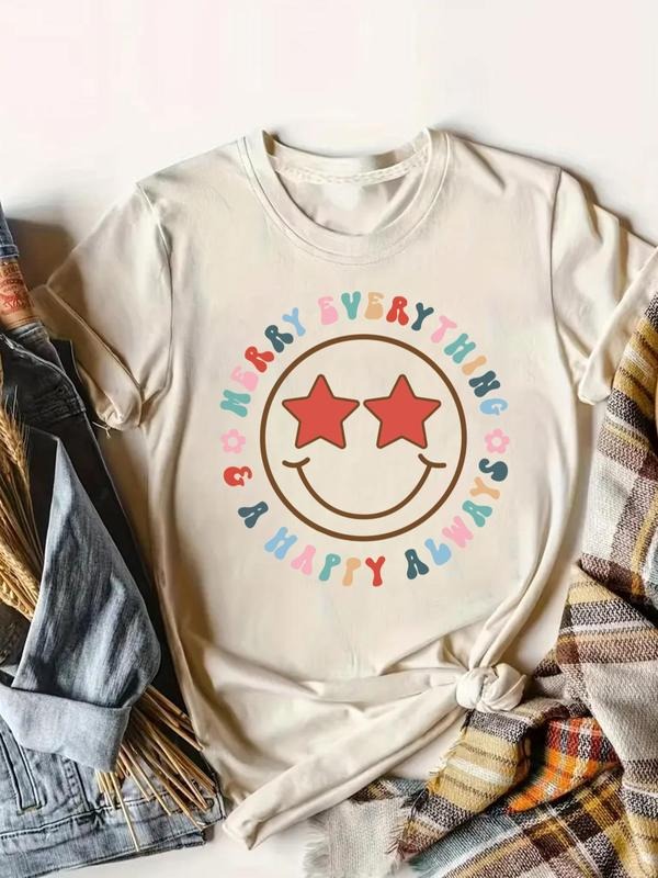Women's Cartoon Smile Face & Letter Print Round Neck Tee, Casual Star Print Short Sleeve T-Shirt for Summer, Women's Top...