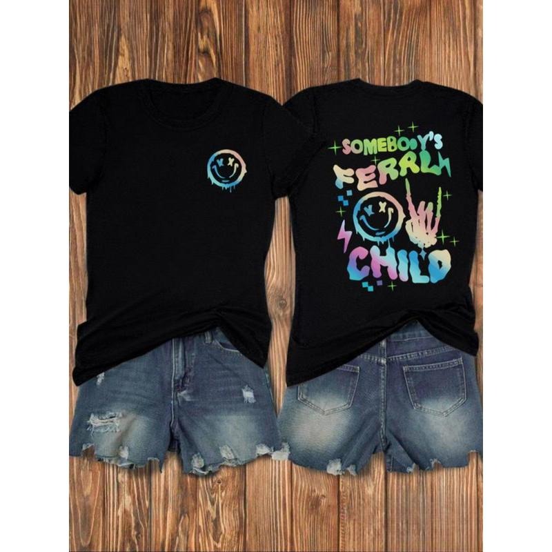 Women's Cartoon Smile Face & Letter Print Round Neck Tee, Fashion Casual Crew Neck Short Sleeve T-Shirt for Daily Holiday...