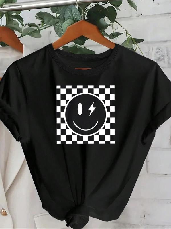 Women's Cartoon Smile Face & Plaid Print Round Neck Tee, Trendy Casual Crew Neck Short Sleeve T-shirt for Daily Wear,...