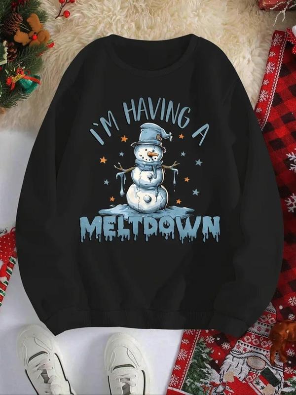 Women's Cartoon Snowman & Letter Print Crew Neck Sweatshirt, Casual Long Sleeve Pullover for Fall & Winter, Women's...