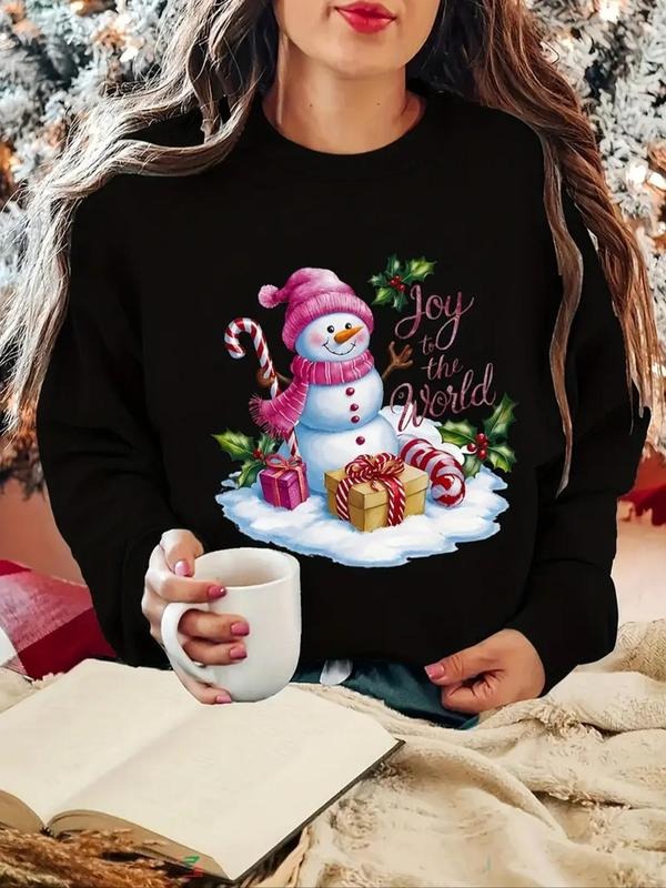 Women's Cartoon Snowman & Letter Print Drop Shoulder Sweatshirt, Casual Long Sleeve Round Neck Pullover for Fall &...