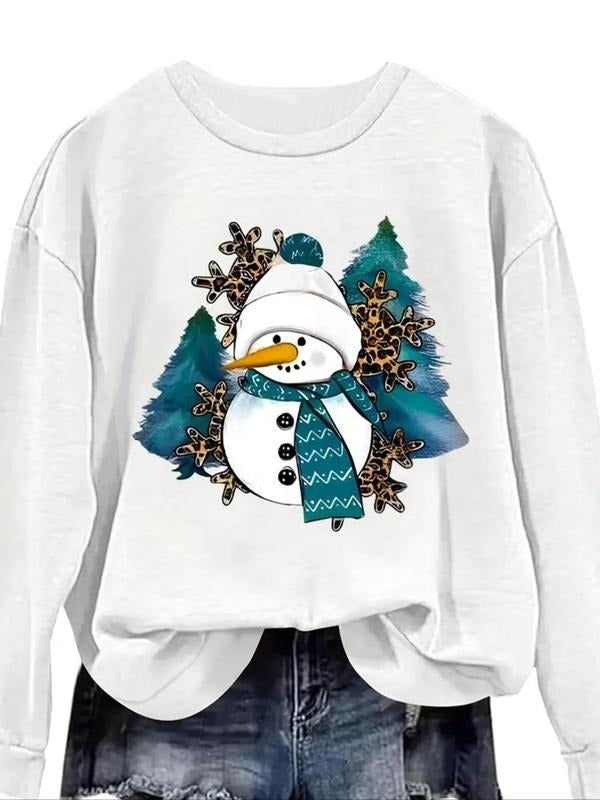 Women's Cartoon Snowman Print Crew Neck Sweatshirt, Casual Long Sleeve Pullover for Fall & Winter, Women's Clothes for...