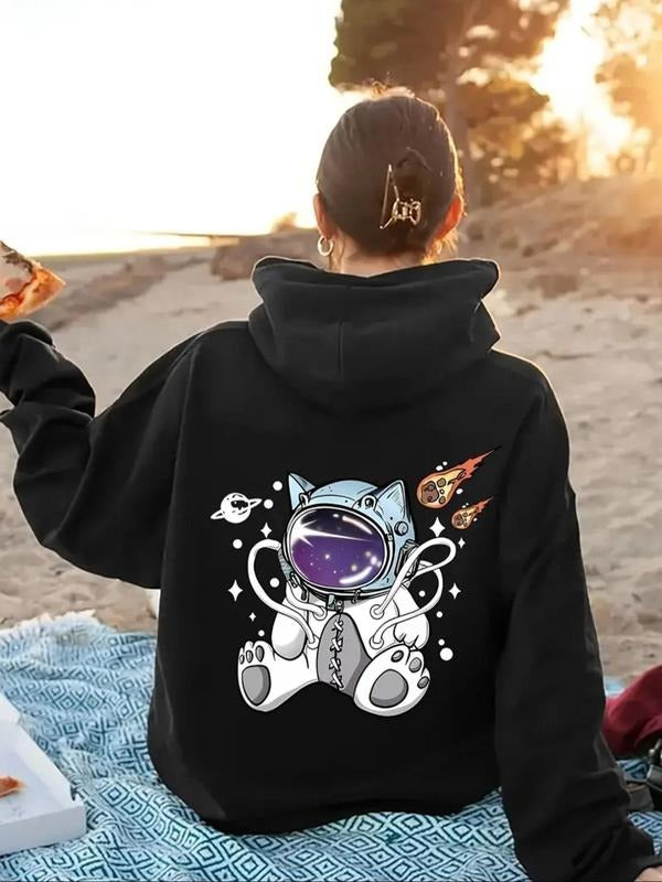 Women's Cartoon Space Cat Print Hoodie, Casual Long Sleeve Hooded Sweatshirt for Fall & Winter, Women's Clothes for Daily...