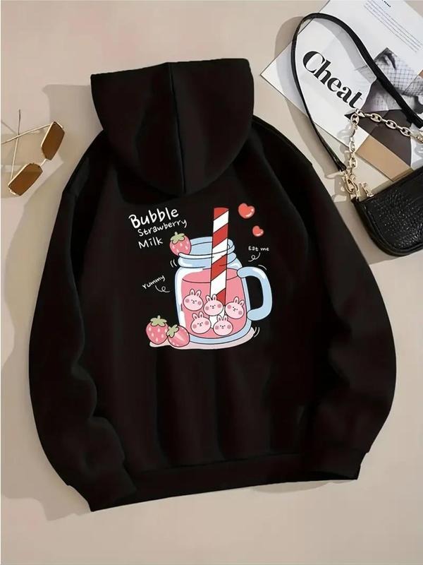 Women's Cartoon Strawberry Milk Tea Print Drawstring Pocket Hoodie, Casual Drop Shoulder Long Sleeve Hooded Sweatshirt,...