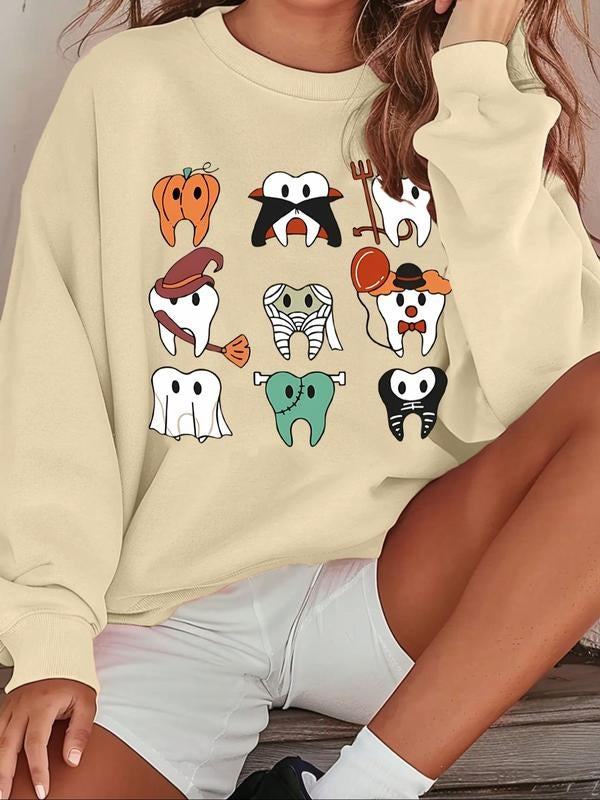 Women's Cartoon Teeth Print Drop Shoulder Sweatshirt, Casual Long Sleeve Round Neck Pullover for Fall & Winter, Ladies...
