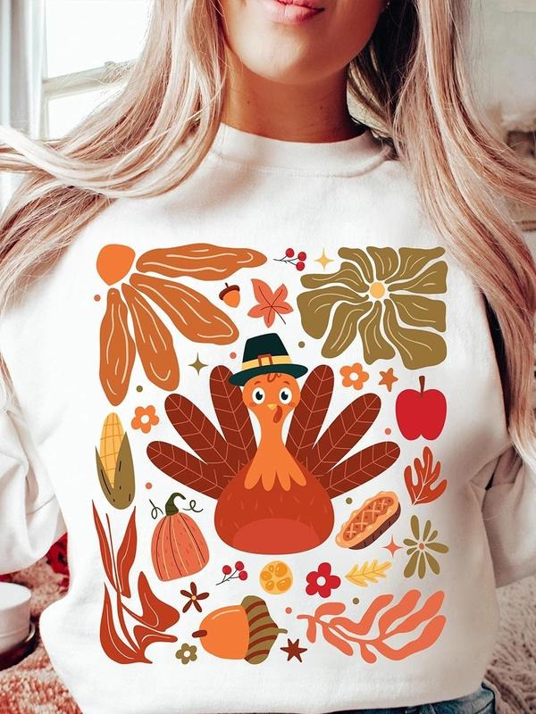 Women's Cartoon Turkey & Fruits Print Drop Shoulder Sweatshirt, Casual Long Sleeve Round Neck Pullover for Fall & Winter,...