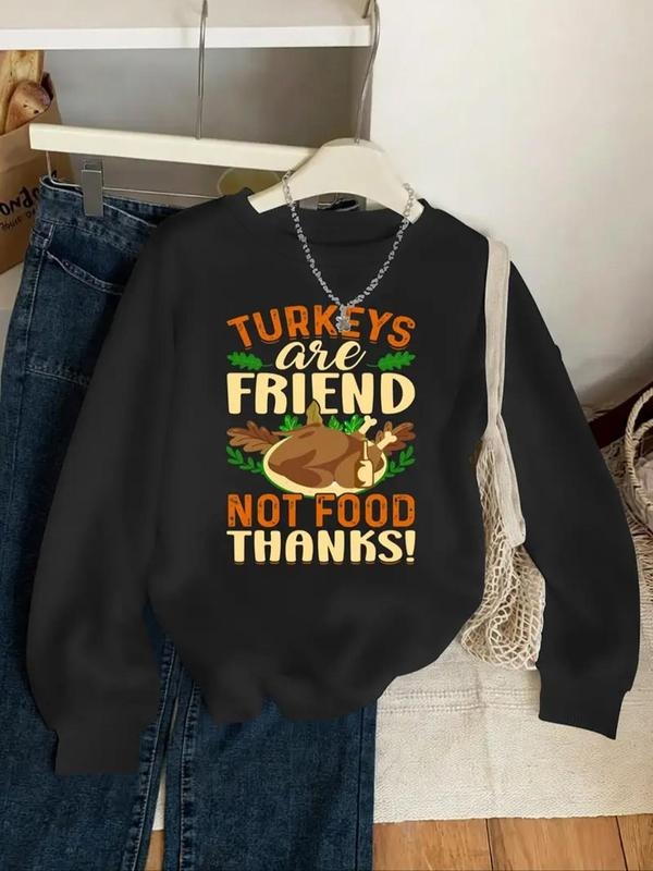 Women's Cartoon Turkey & Letter Print Crew Neck Sweatshirt, Casual Long Sleeve Pullover for Fall & Winter, Women's...