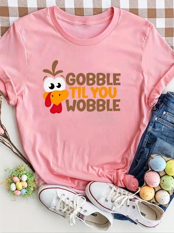 Women's Cartoon Turkey & Letter Print Round Neck Tee, Casual Short Sleeve T-shirt for Daily Wear, Ladies Summer Outfit...