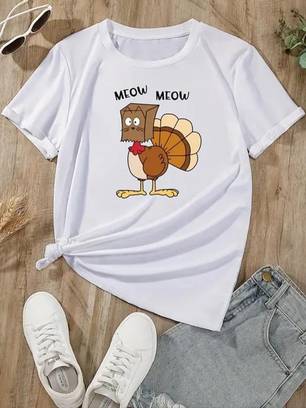 Women's Cartoon Turkey & Letter Print Round Neck Tee, Fashion Casual Crew Neck Short Sleeve T-shirt for Daily Holiday...
