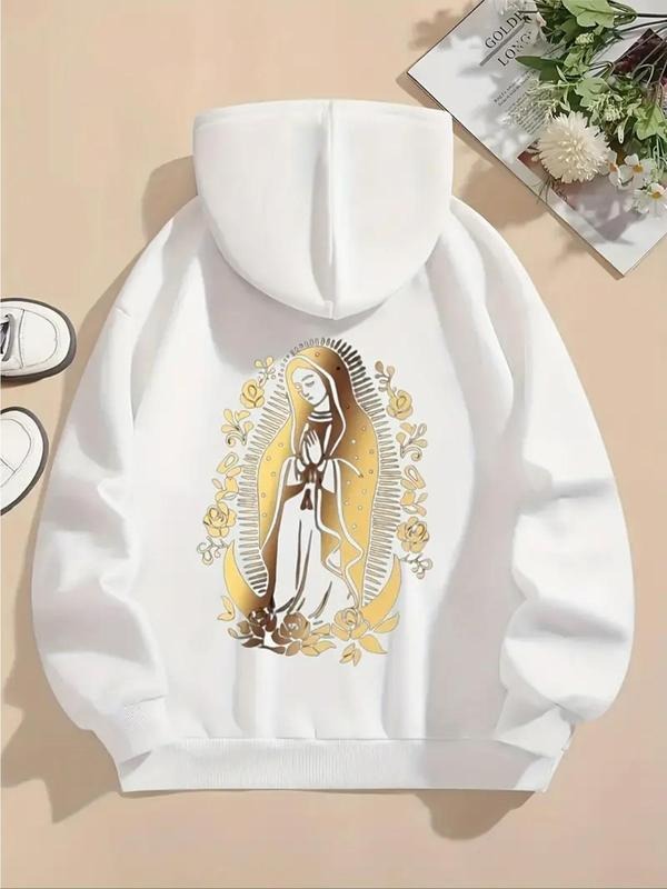 Women's Cartoon Virgin Mary Print Drop Shoulder Thermal Lined Hoodie, Fashion Casual Drawstring Pocket Hooded Sweatshirt...