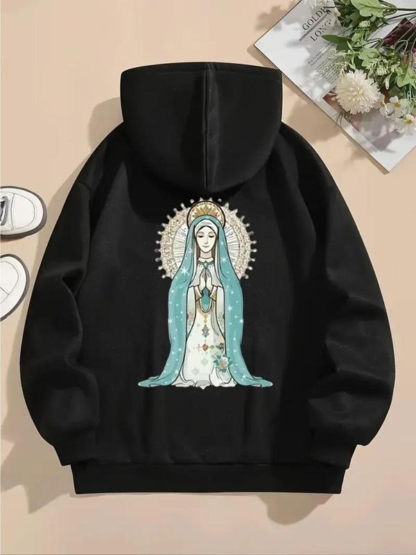 Women's Cartoon Virgin Mary Print Drop Shoulder Thermal Lined Hoodie, Fashion Casual Drawstring Pocket Hooded Sweatshirt...