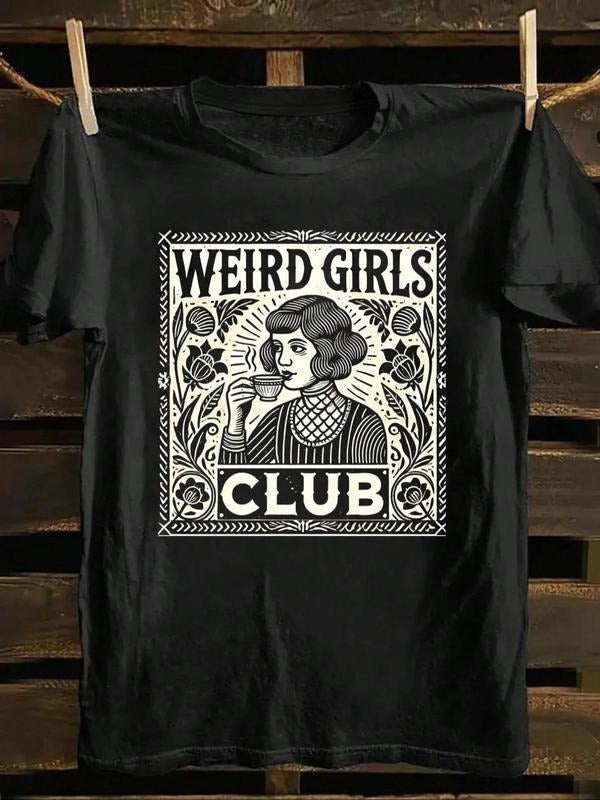 Women's Cartoon Weird Girl & Letter Print Round Neck Tee, Vintage Trendy Casual Short Sleeve T-shirt for Daily Wear,...