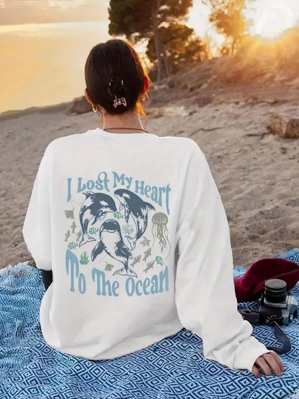 Women's Cartoon Whale & Letter Print Drop Shoulder Sweatshirt, Casual Long Sleeve Round Neck Pullover for Fall & Winter,...
