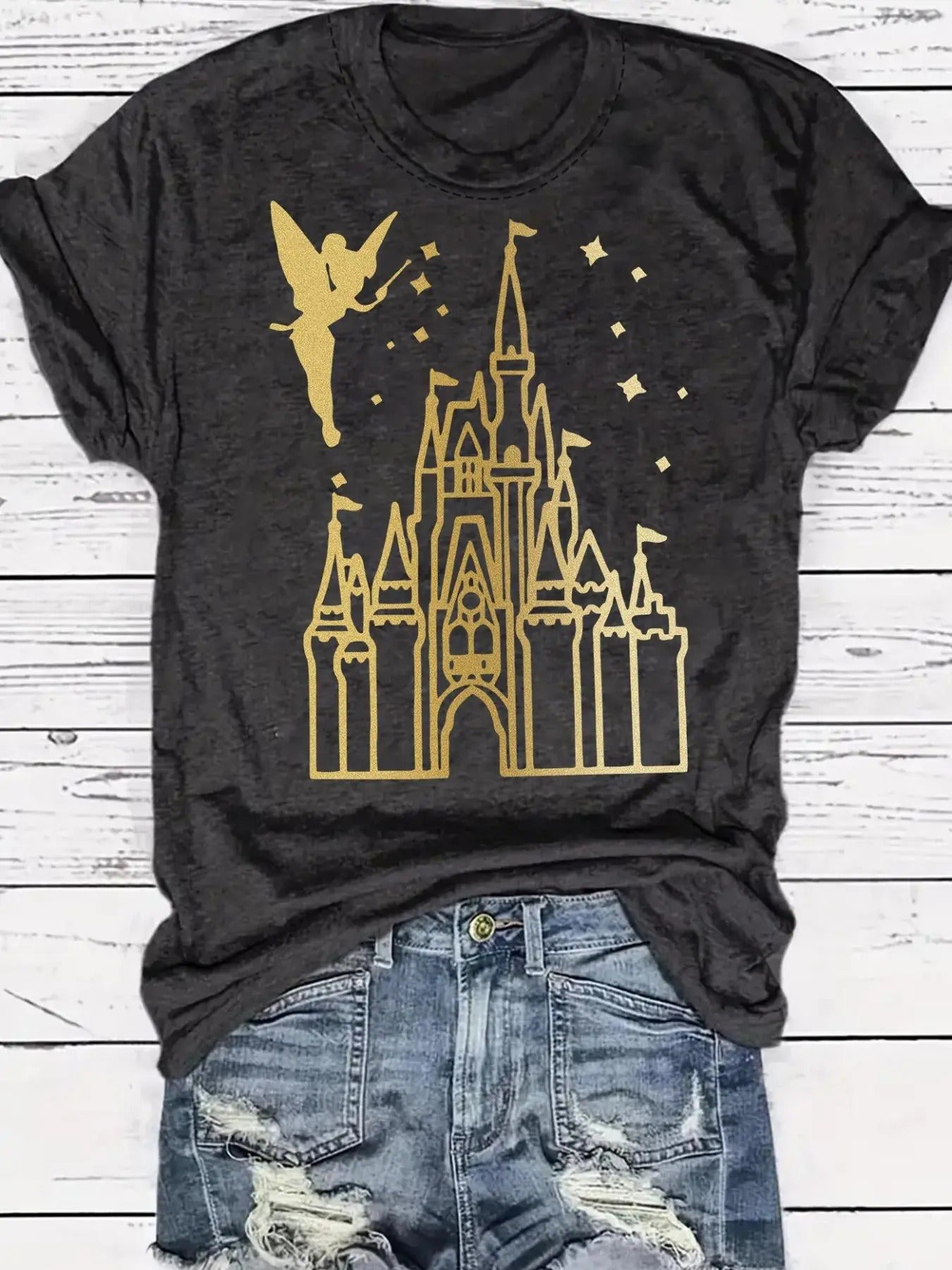 Women's Castle Print Round Neck Tee, Casual Short Sleeve Crew Neck T-shirt for Daily Wear, Ladies Clothes for All Seasons...