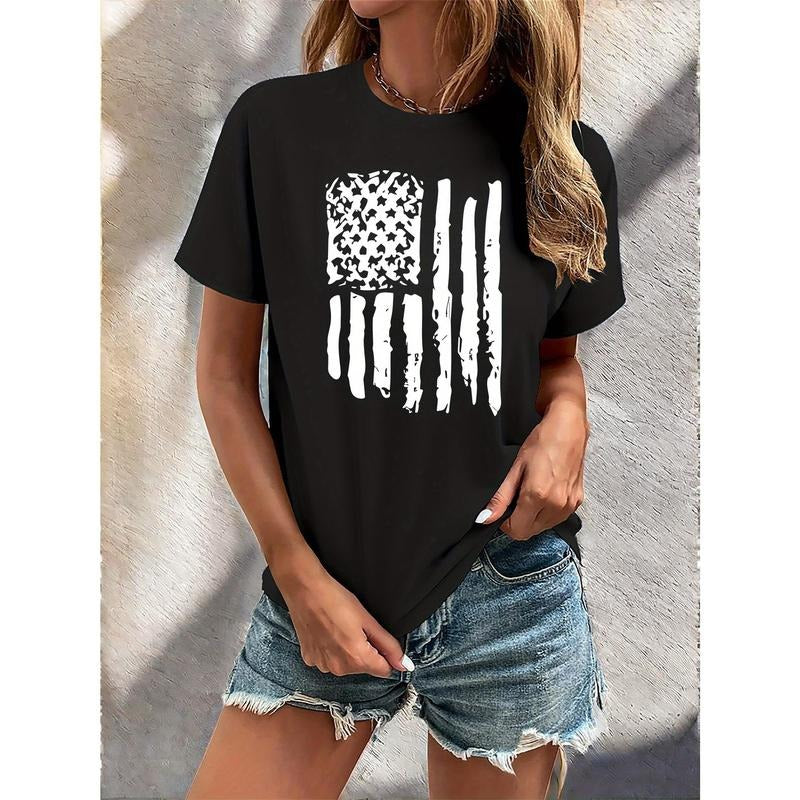 Women's Casual American Flag Print T-Shirt, Short Sleeve Crew Neck, Lightweight Polyester, Summer & Spring Essential,...