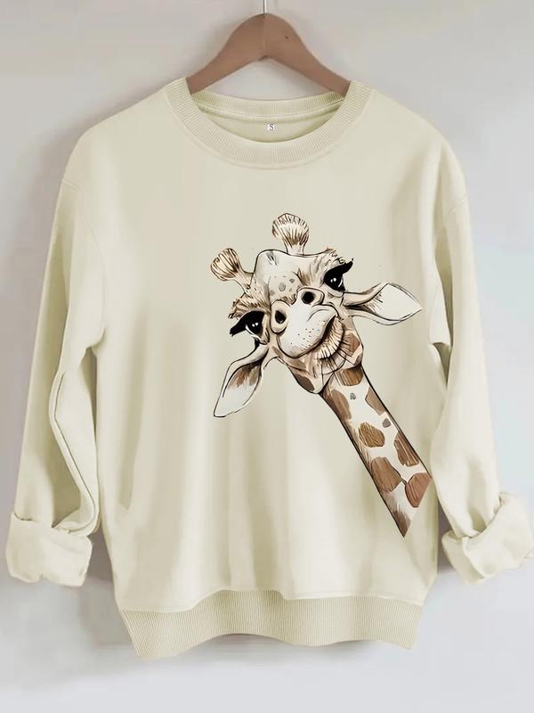Women's Casual Animal Print Hoodie, Soft Long Sleeve Round Neck Sweatshirt, All-Season Comfort, Durable Fabric T-Shirts