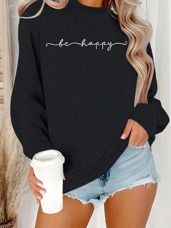 Women's Casual Be Happy Letter Print Pullover Sweater, Soft Long Sleeve Round Neck Sweatshirt, Comfortable Daily Wear...