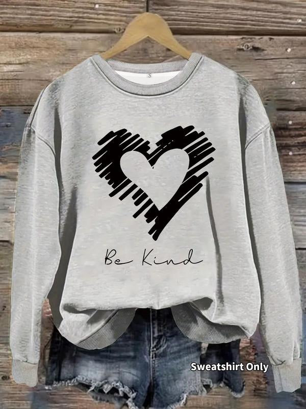Women's Casual Be Kind Heart Graphic Pullover Sweater, Soft Long Sleeve Round Neck Sweatshirt, Comfortable Daily Wear...