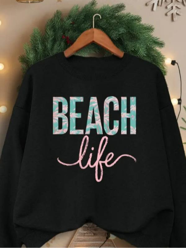 Women's Casual Beach Life Pattern Pullover Sweatshirt, Soft Long Sleeve Round Neck, All-Season Comfort, Durable Fabric...