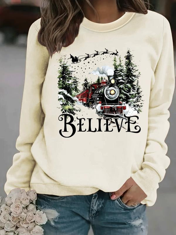 Women's Casual Believe Train Pattern Pullover, Soft Long Sleeve Round Neck Christmas Sweatshirt, All-Season Comfort...