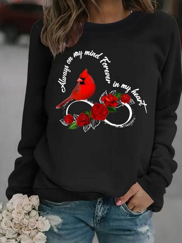 Women's Casual Bird & Rose Print Pullover Sweater, Soft Long Sleeve Round Neck Sweatshirt, All-Season Comfort Fit Top...