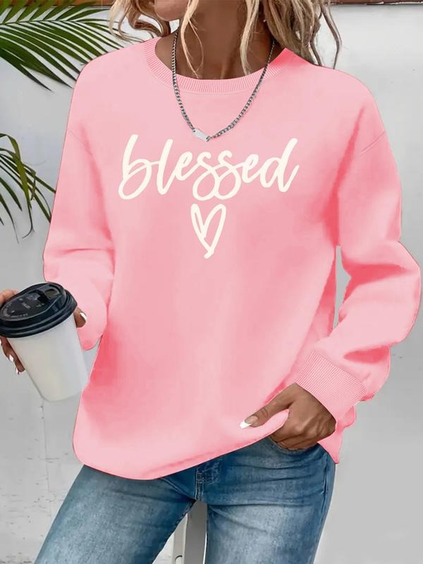 Women's Casual Blessing Letter Heart Print Round Neck Sweatshirt, Fall & Winter, Graduation, Teacher, Back to School...