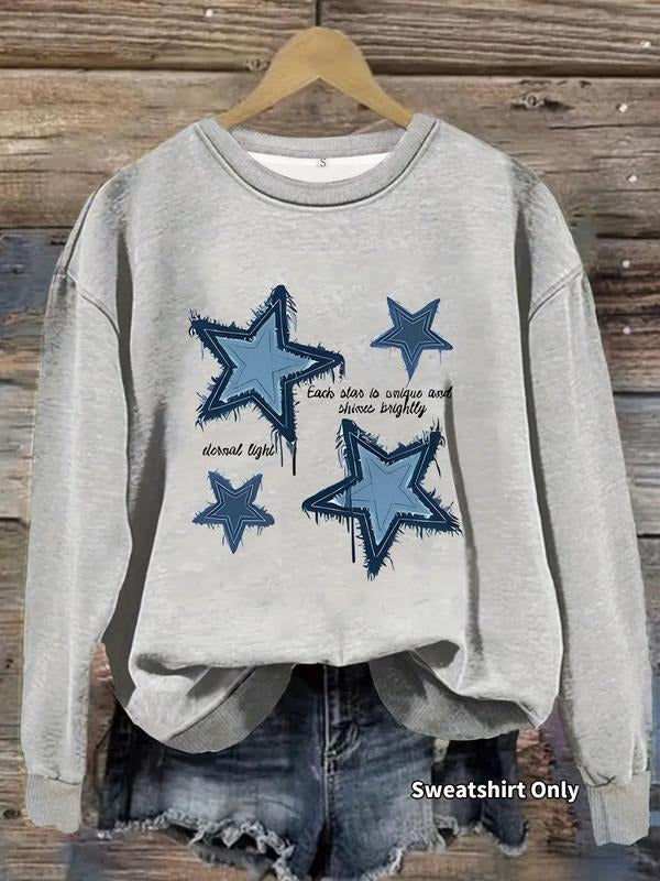 Women's Casual Blue Star Print Pullover Sweater, Soft Long Sleeve Round Neck Sweatshirt, Comfortable Daily Wear T-Shirts,...