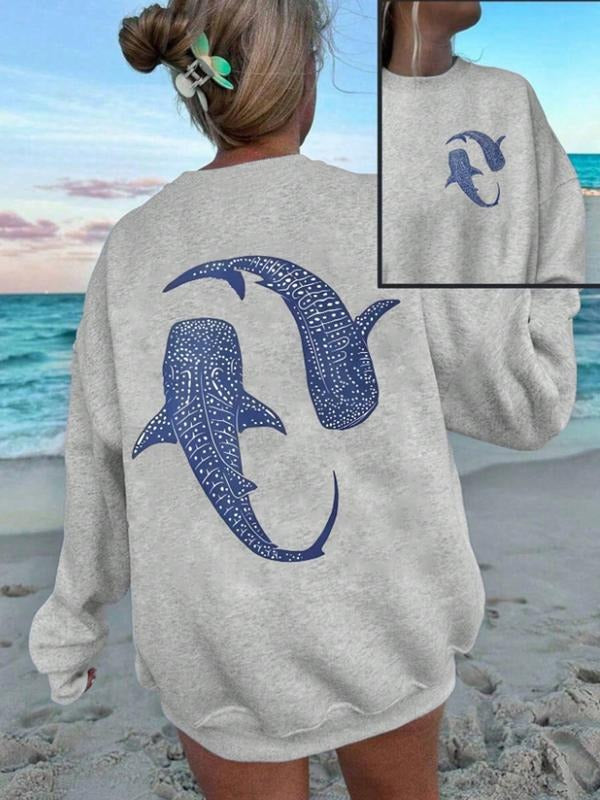 Women's Casual Blue Whale Pattern Pullover Sweatshirt, Soft Long Sleeve Round Neck, All-Season Comfort, Durable Fabric...