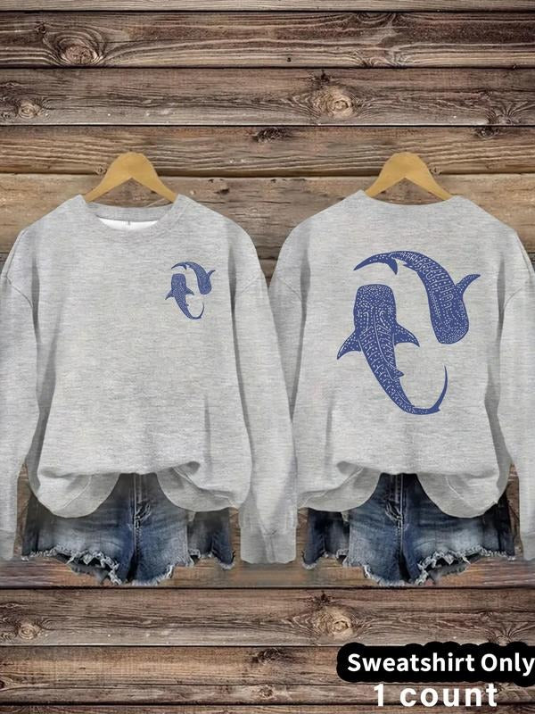 Women's Casual Blue Whale Print Pullover Sweater, Soft Long Sleeve Round Neck Sweatshirt, Comfortable Daily Wear...