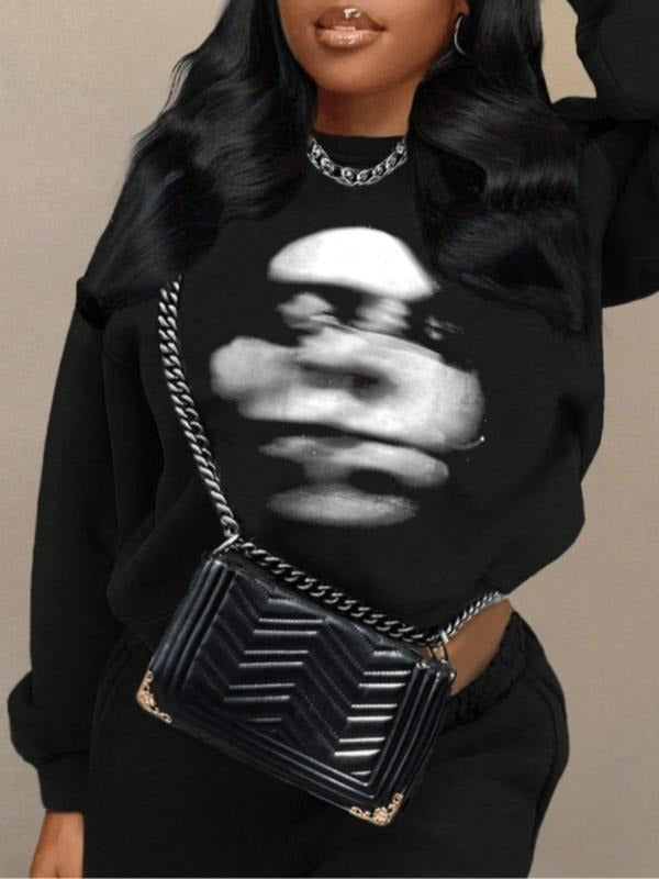 Women's Casual Blurred Face Print Pullover Sweater, Soft Long Sleeve Round Neck Sweatshirt, Comfortable Daily Wear...