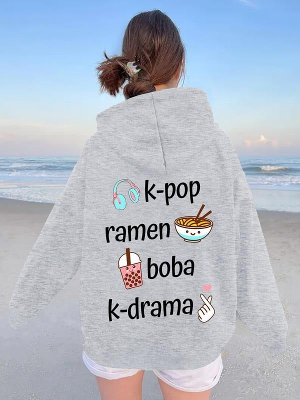 Women's Casual Boba K-Drama Earphone Milk Tea Noodle Print Hoodie, Thick Warm Polyester Sweatshirt with Drawstring, Fall...