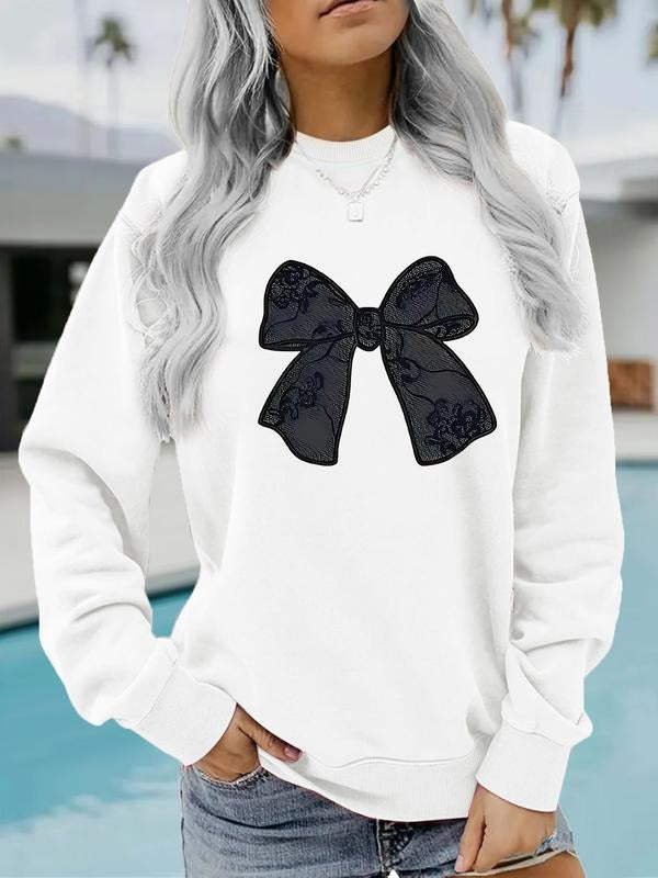 Women's Casual Bowknot Pattern Pullover Sweater, Soft Long Sleeve Round Neck Sweatshirt, All-Season Wear T-Shirts, Hoodie