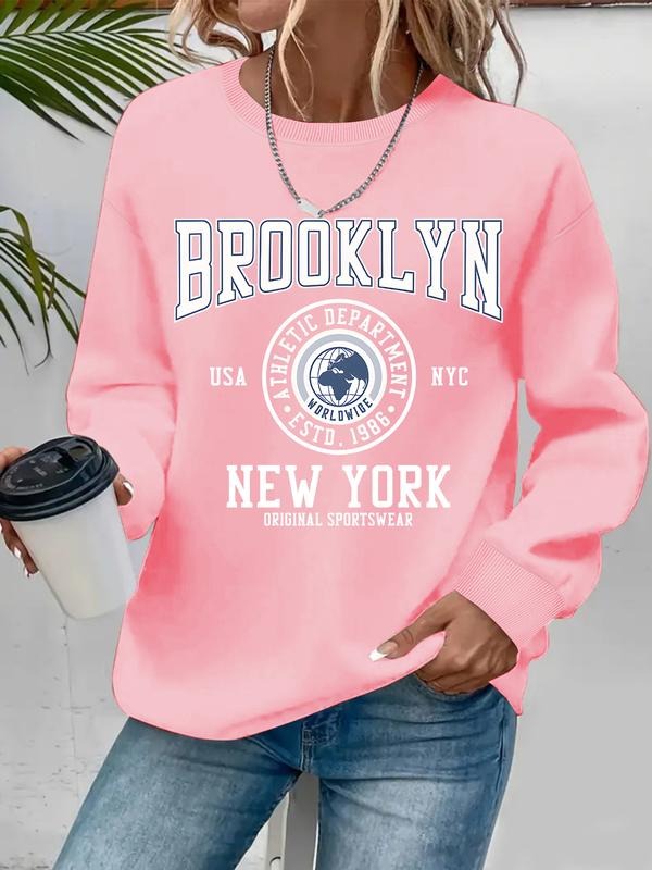 Women's Casual Brooklyn New York Letter Print Hoodie, Soft Long Sleeve Round Neck Sweatshirt, All-Season Comfort T-Shirts