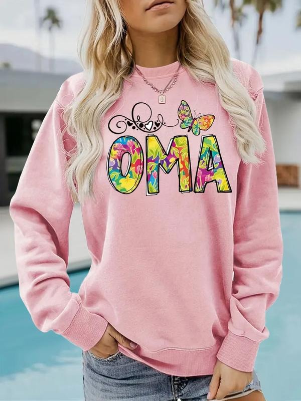 Women's Casual Butterfly & Grandma Letter Print Pullover Sweater, Soft Long Sleeve Round Neck Sweatshirt, All-Season Wear...