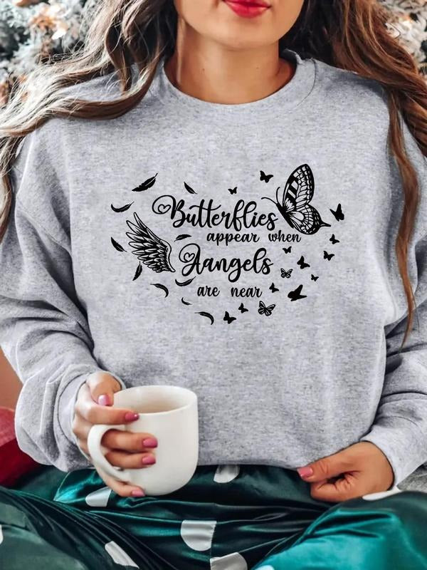Women's Casual Butterfly Letter Pattern Hoodie, Soft Long Sleeve Round Neck Sweatshirt, All-Season Comfort T-Shirts