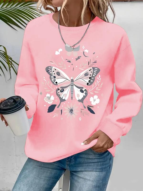 Women's Casual Butterfly Print Hoodie, Soft Long Sleeve Round Neck Sweatshirt, All-Season Comfort, Durable Fabric T-Shirts