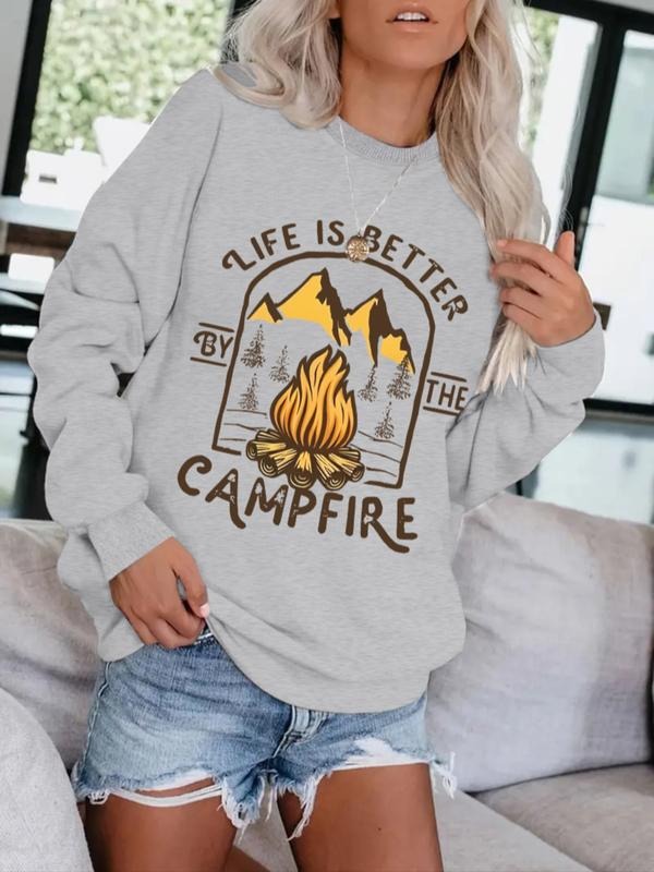 Women's Casual Camping Pattern Pullover Sweatshirt, Soft Long Sleeve Round Neck, All-Season Comfort, Durable Fabric...