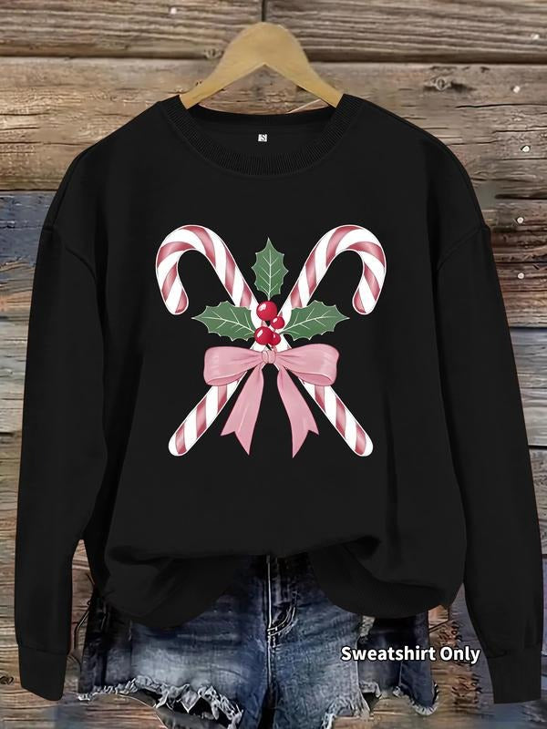 Women's Casual Candy Cane Wintergreen Sweater, Soft Long Sleeve Round Neck Christmas Sweatshirt, All-Season Comfort...