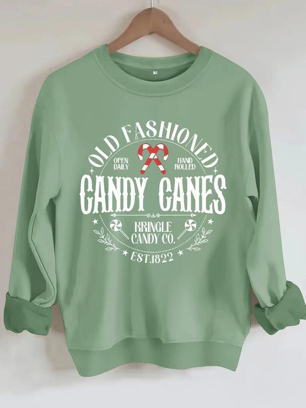 Women's Casual Candy Canes Pattern Hoodie, Soft Long Sleeve Round Neck Christmas Sweatshirt, All-Season Comfort T-Shirts