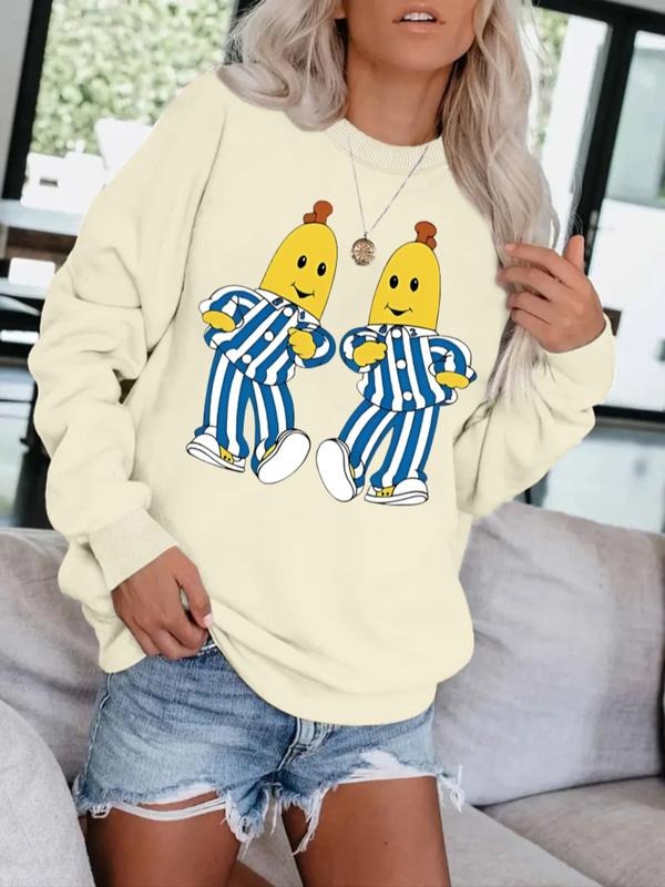 Women's Casual Cartoon Banana Print Pullover Sweater, Soft Long Sleeve Round Neck Sweatshirt, Comfortable Daily Wear...