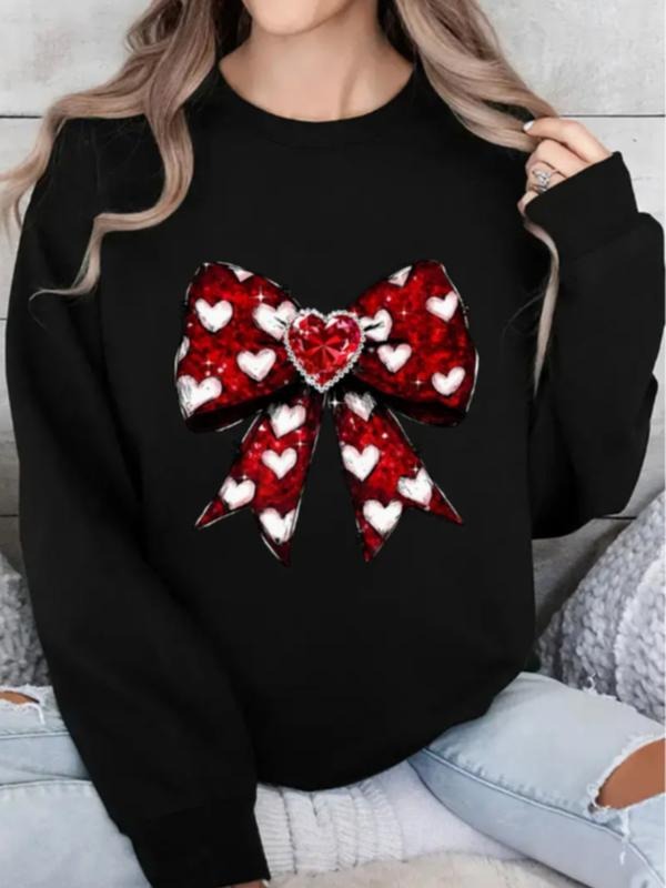 Women's Casual Cartoon Bowknot Heart Pattern Pullover Sweatshirt, Soft Long Sleeve Round Neck, All-Season Comfort...