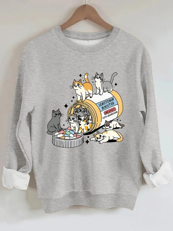Women's Casual Cartoon Cat Sweatshirt, Soft Long Sleeve Round Neck Pullover, All-Season Comfort, Durable Fabric, Funny...