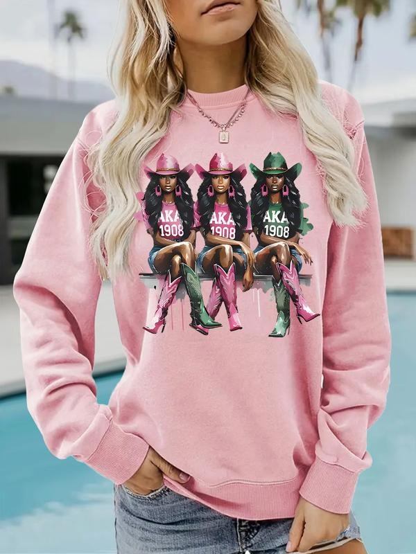Women's Casual Cartoon Denim Graphic Pullover Sweater, Soft Long Sleeve Round Neck Sweatshirt, All-Season Wear T-Shirts,...