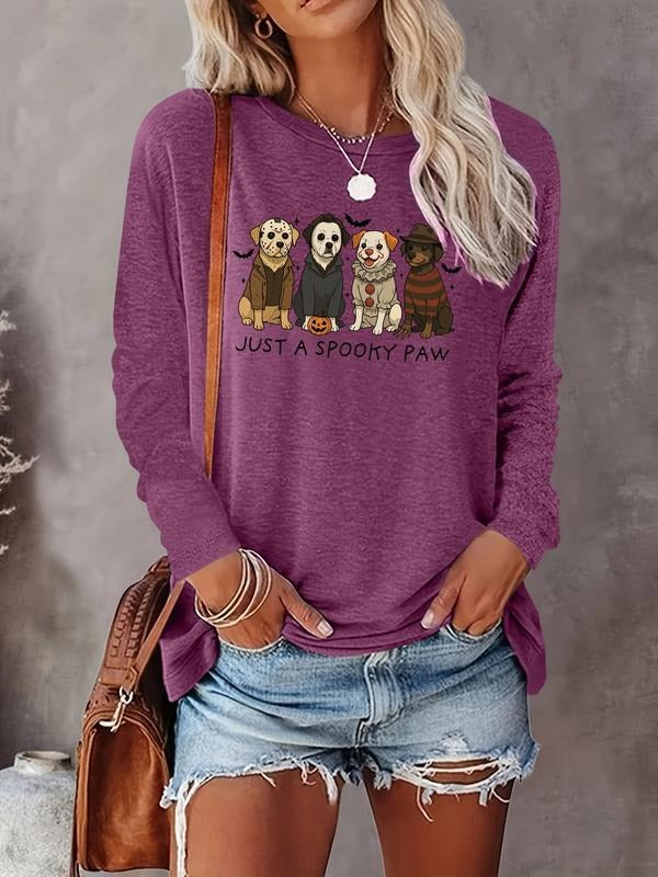 Women's Casual Cartoon Dog Print Long Sleeve Round Neck T-Shirt, Comfortable Fabric, Available in 8 Colors, All Seasons...