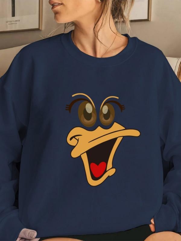 Women's Casual Cartoon Duck Graphic Pullover Sweatshirt, Soft Long Sleeve Round Neck, All Seasons Comfortable Wear...